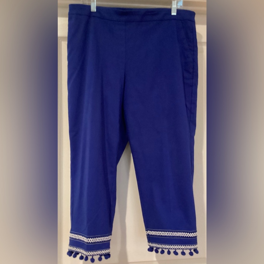 Zac & Rachel Blue Crop/Capri Pants- embroidered and Pom Pom detail on bottom